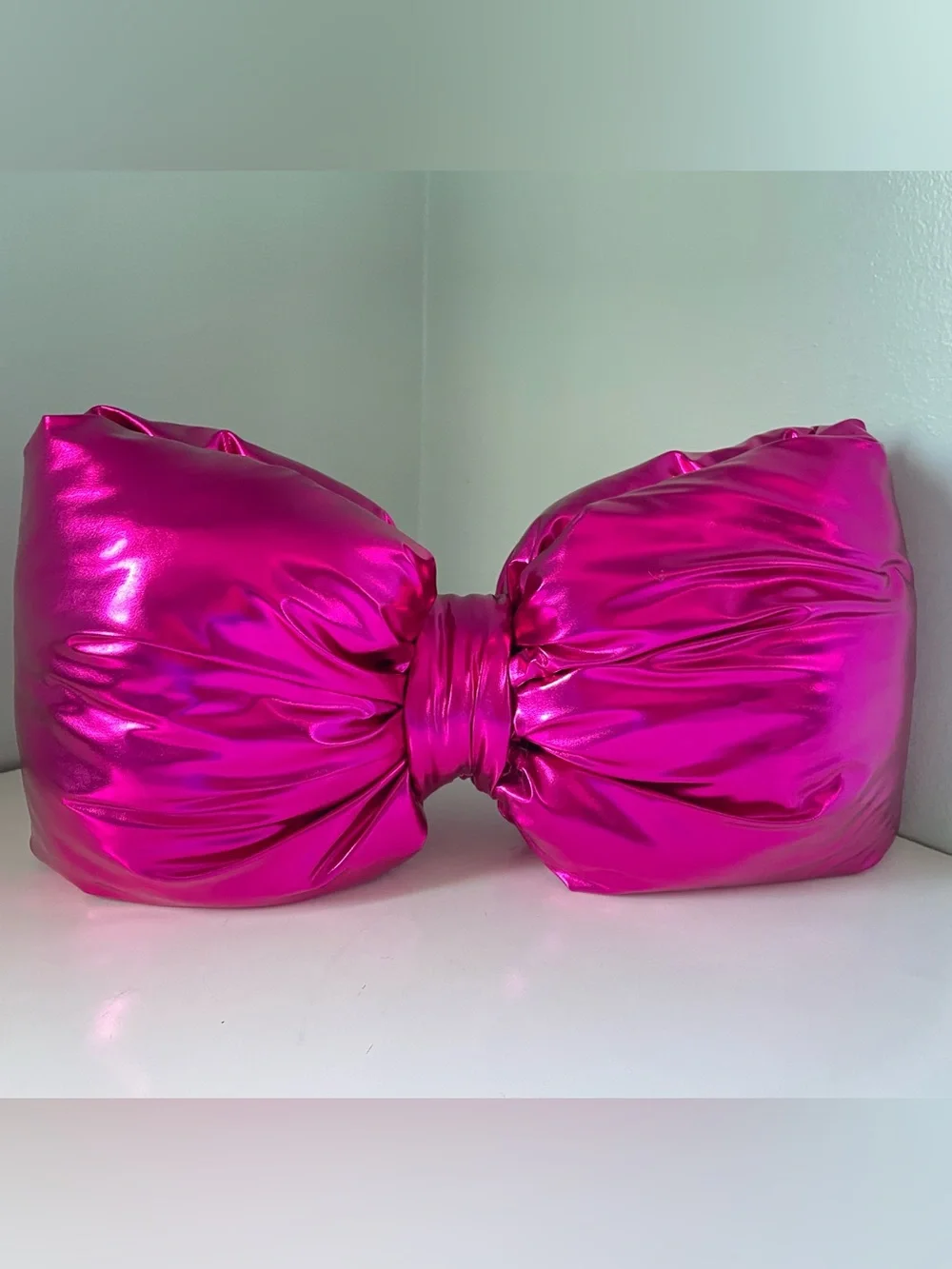 Decorative Hot Pink Bow Shaped Accent Pillow Metallic Faux Leather